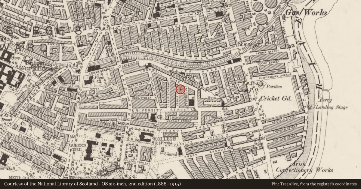 Ordnance Survey six-inch map, 2nd edition (1888–1915) covering the location of 21 Eblana St., Belfast, with a pin at the register's coordinates