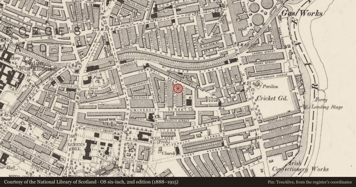 Ordnance Survey six-inch map, 2nd edition (1888–1915) covering the location of 23 Eblana St., Belfast, with a pin at the register's coordinates