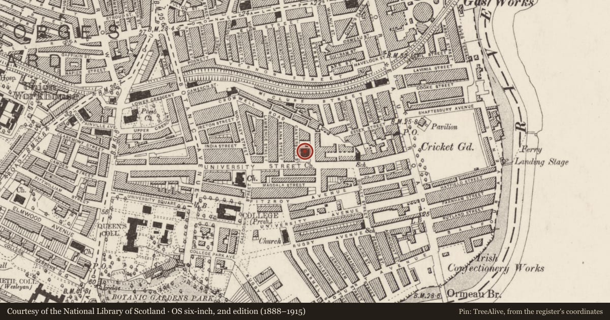 Ordnance Survey six-inch map, 2nd edition (1888–1915) covering the location of All Saints’ Church, Malone Lower, with a pin at the register's coordinates
