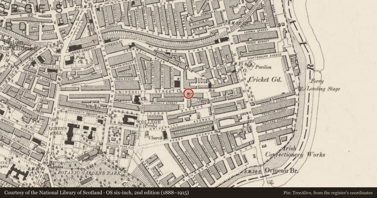 Ordnance Survey six-inch map, 2nd edition (1888–1915) covering the location of 119 University Street Belfast, Malone Lower, with a pin at the register's coordinates