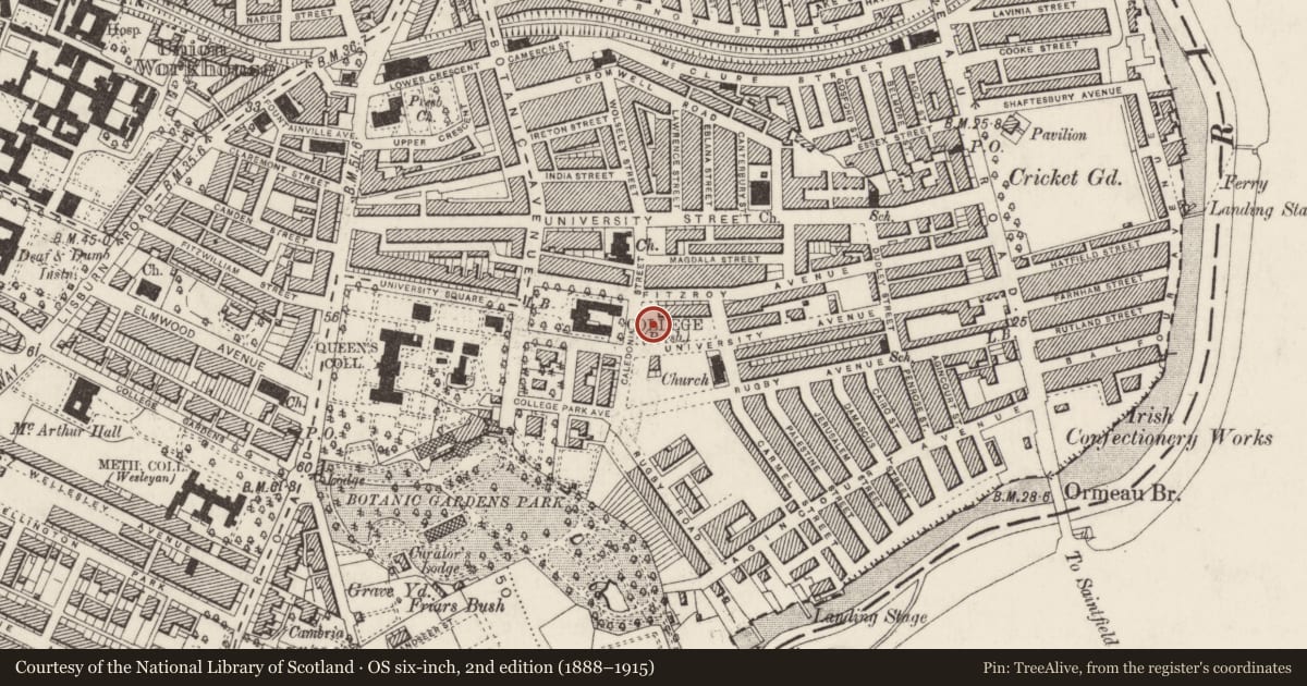 Ordnance Survey six-inch map, 2nd edition (1888–1915) covering the location of Christian Science Church, Belfast, with a pin at the register's coordinates