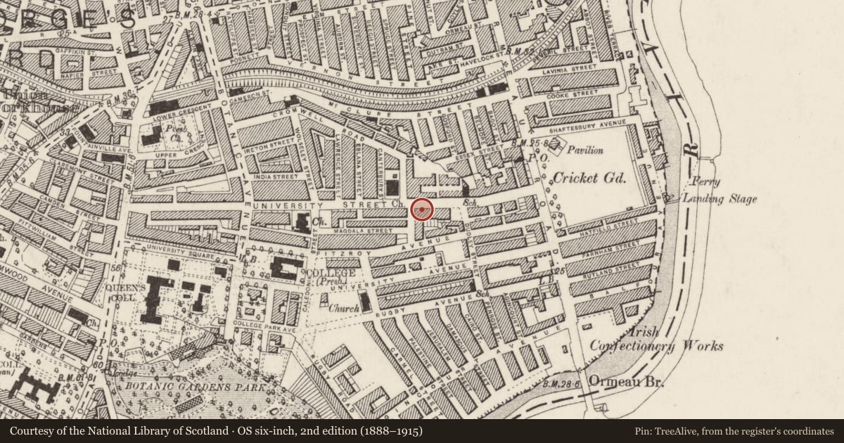 Ordnance Survey six-inch map, 2nd edition (1888–1915) covering the location of 121 University Street Belfast, Malone Lower, with a pin at the register's coordinates