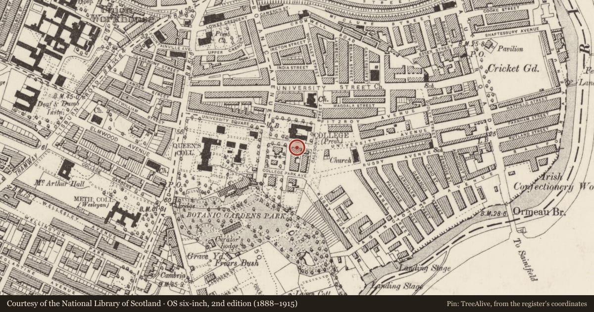Ordnance Survey six-inch map, 2nd edition (1888–1915) covering the location of 1 College Park East, Belfast, BT7 1PS, Malone Lower, Belfast, with a pin at the register's coordinates