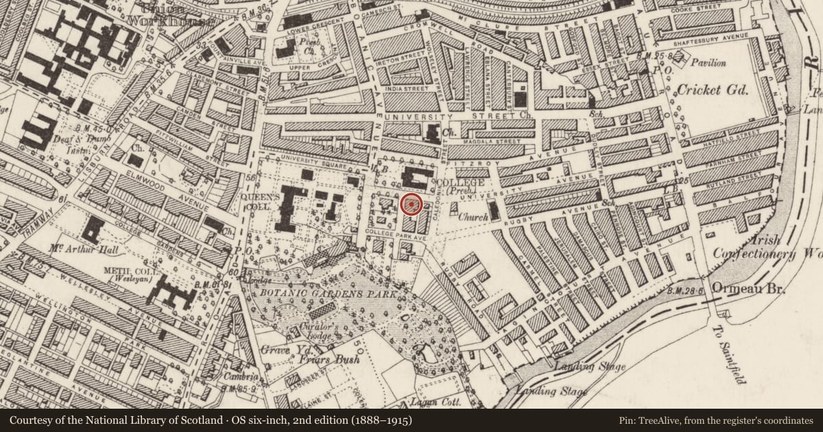 Ordnance Survey six-inch map, 2nd edition (1888–1915) covering the location of 2 College Park East, Belfast, BT7 1PS, Malone Lower, Belfast, with a pin at the register's coordinates