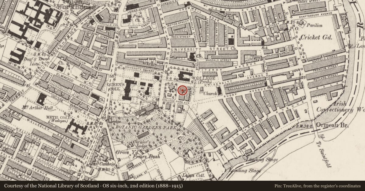 Ordnance Survey six-inch map, 2nd edition (1888–1915) covering the location of 3 College Park East, Belfast, BT7 1PS, Malone Lower, Belfast, with a pin at the register's coordinates