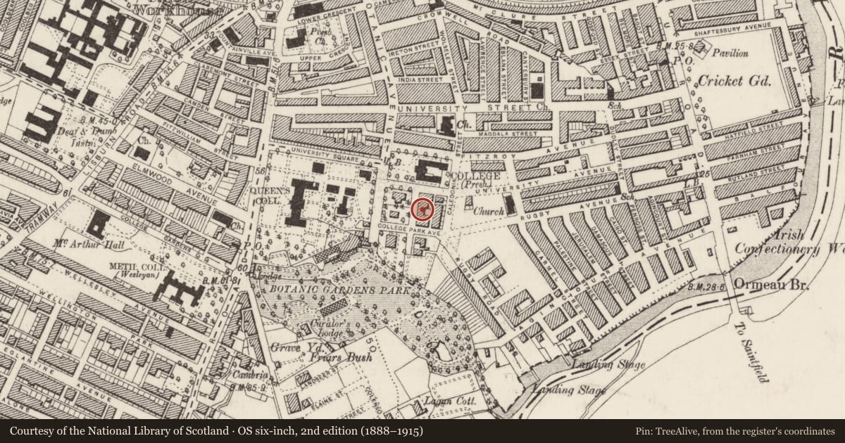 Ordnance Survey six-inch map, 2nd edition (1888–1915) covering the location of 4 College Park East, Belfast, BT7 1PS, Malone Lower, Belfast, with a pin at the register's coordinates