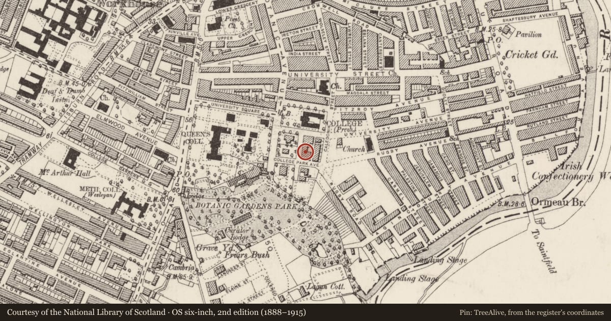Ordnance Survey six-inch map, 2nd edition (1888–1915) covering the location of 5 College Park East, Belfast, BT7 1PS, Malone Lower, Belfast, with a pin at the register's coordinates