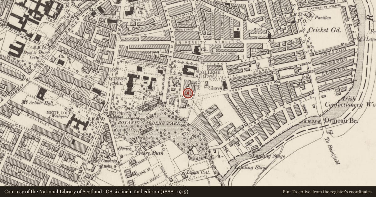 Ordnance Survey six-inch map, 2nd edition (1888–1915) covering the location of Hope House, Malone Lower, Belfast, with a pin at the register's coordinates