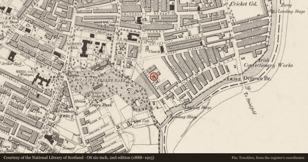 Ordnance Survey six-inch map, 2nd edition (1888–1915) covering the location of 60 Rugby Road, Belfast, with a pin at the register's coordinates