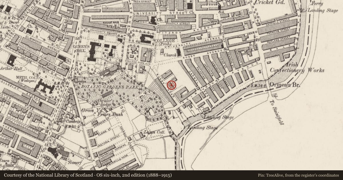 Ordnance Survey six-inch map, 2nd edition (1888–1915) covering the location of 62 Rugby Road, Belfast, with a pin at the register's coordinates