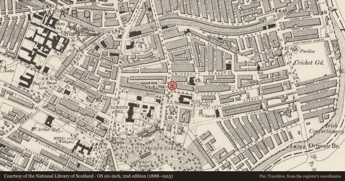 Ordnance Survey six-inch map, 2nd edition (1888–1915) covering the location of College Green House, Belfast, with a pin at the register's coordinates