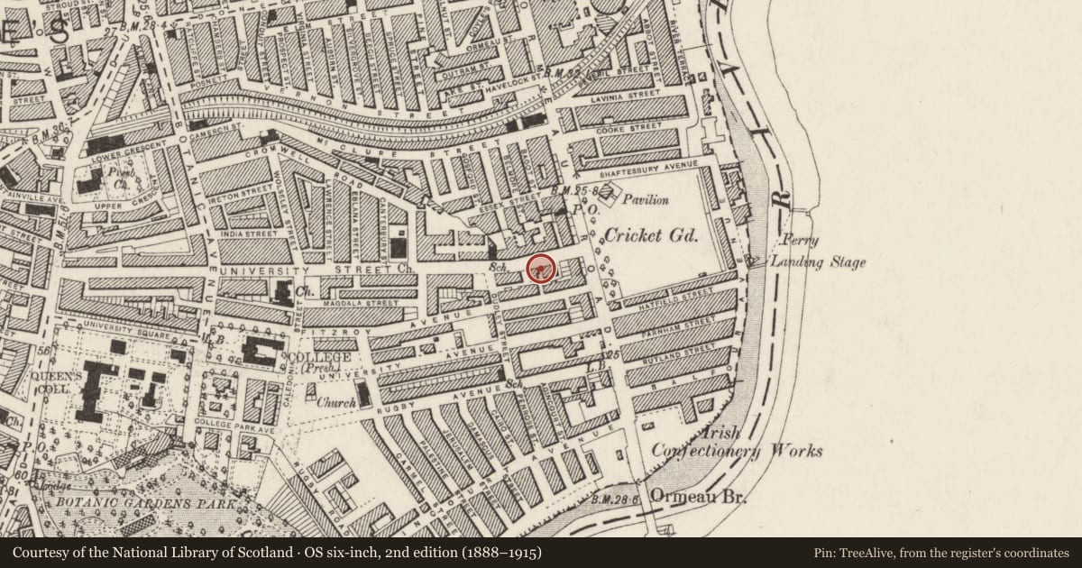 Ordnance Survey six-inch map, 2nd edition (1888–1915) covering the location of Shop ('Nova Tiles'), Belfast Town Parks, Belfast, with a pin at the register's coordinates