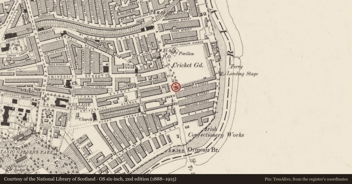 Ordnance Survey six-inch map, 2nd edition (1888–1915) covering the location of Hatfield House Bar, Malone House, Belfast, with a pin at the register's coordinates