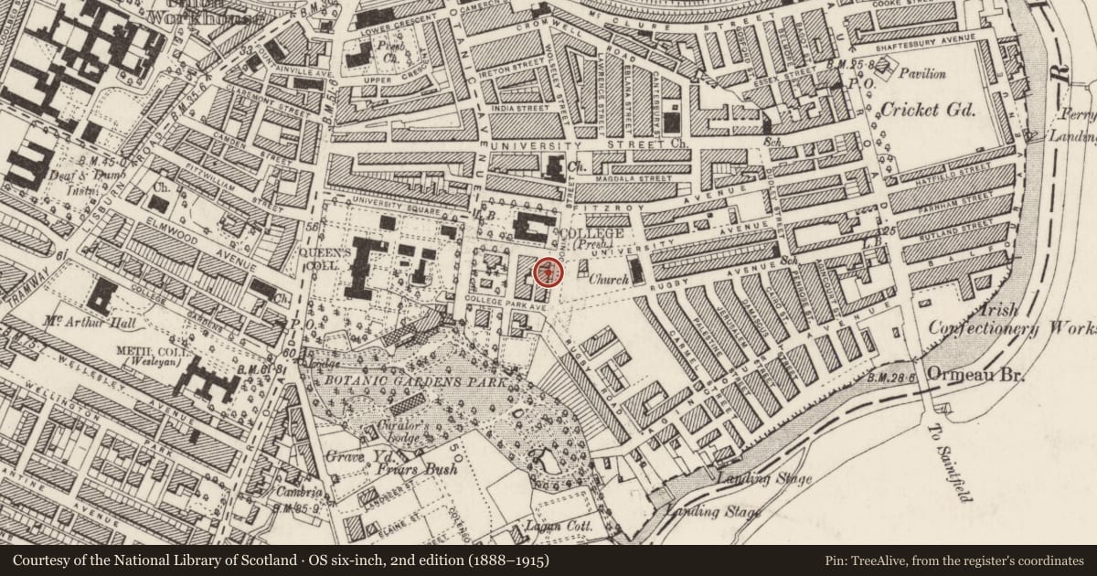Ordnance Survey six-inch map, 2nd edition (1888–1915) covering the location of 3 Rugby Road Belfast BT7 1PS ** See General Comments **, Malone Lower, Belfast, with a pin at the register's coordinates