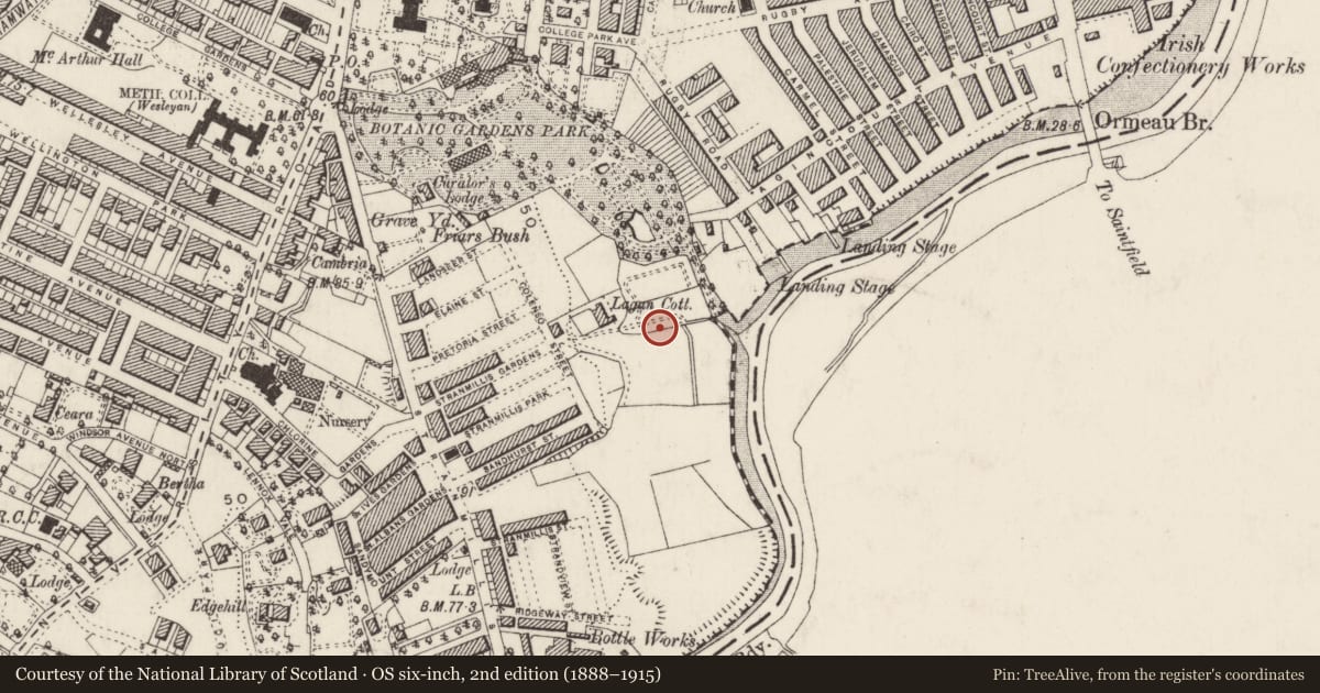 Ordnance Survey six-inch map, 2nd edition (1888–1915) covering the location of Pec Building Stranmillis Gardens Belfast BT9 5EX, Malone Lower, Belfast, with a pin at the register's coordinates