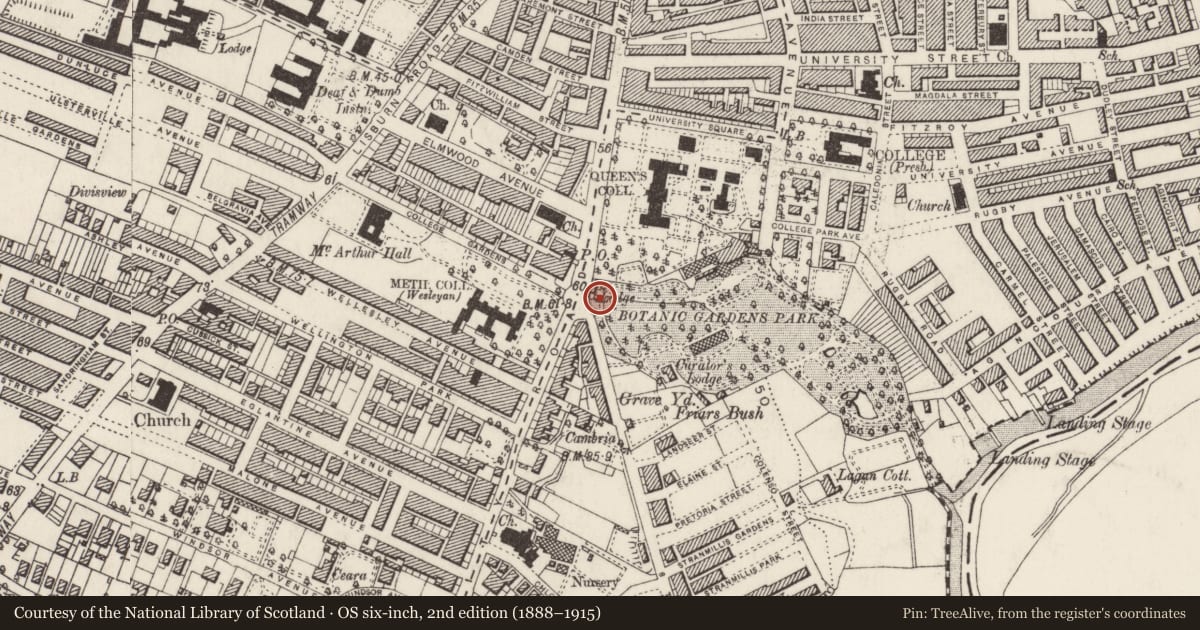Ordnance Survey six-inch map, 2nd edition (1888–1915) covering the location of Gate Screen at University Road/Stranmillis Road Botanic Gardens Belfast BT7 1LP, Malone Lower, Belfast, with a pin at the register's coordinates