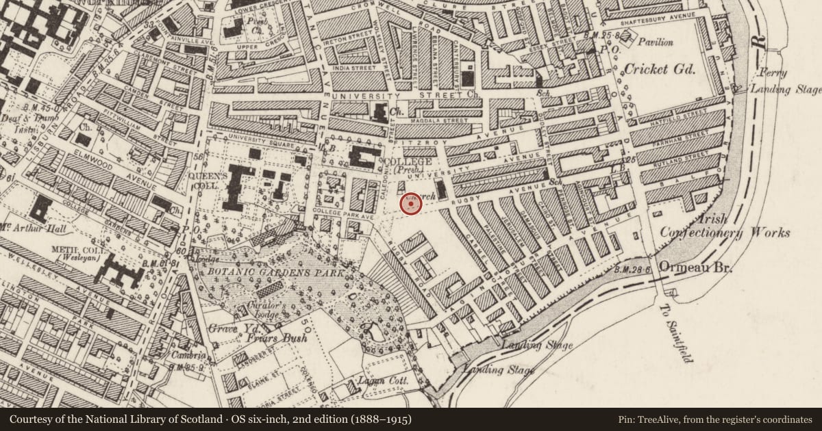 Ordnance Survey six-inch map, 2nd edition (1888–1915) covering the location of 22, 24, 30, 32, 34, 40, 42 College Park Avenue Belfast BT7 1LR ** See General Comments **, Malone Lower, Belfast, with a pin at the register's coordinates