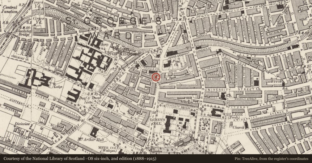 Ordnance Survey six-inch map, 2nd edition (1888–1915) covering the location of 23, 23A, 25, 25A, 27, 29 & 31 University Road Belfast BT7 1NA ** See General Comments **, Malone Lower, Belfast, with a pin at the register's coordinates