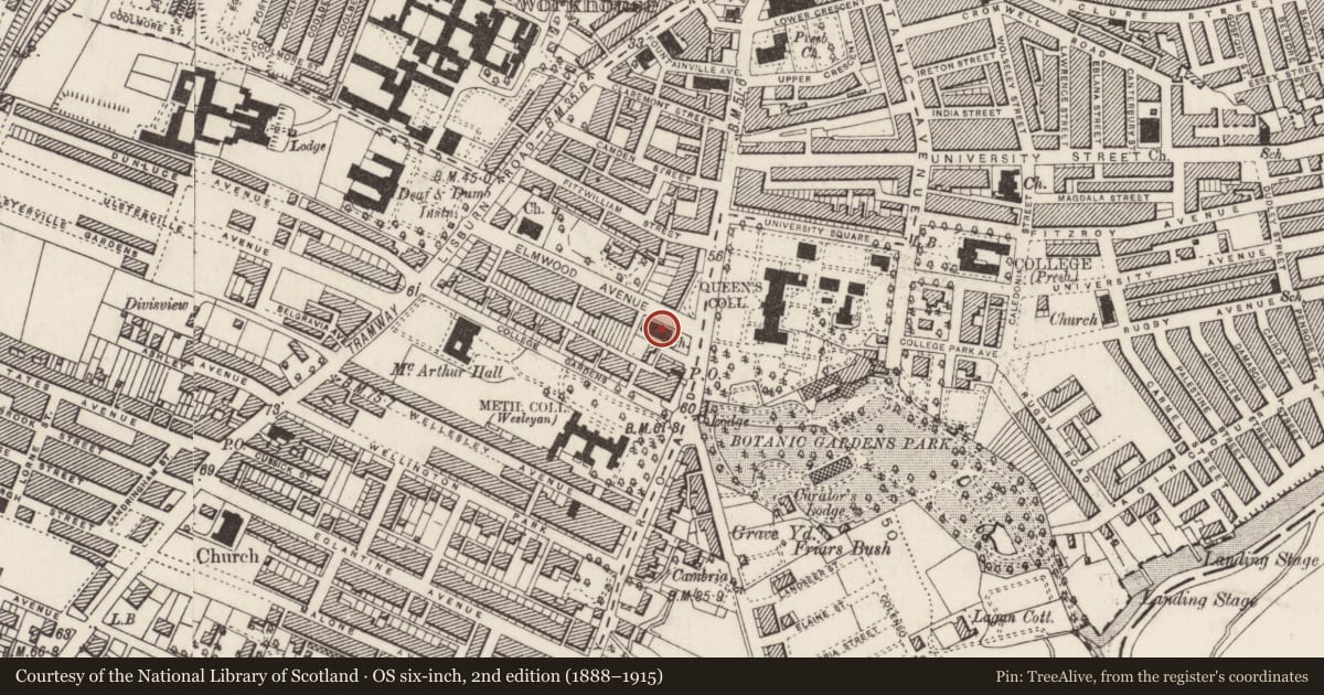 Ordnance Survey six-inch map, 2nd edition (1888–1915) covering the location of Elmwood Hall, Belfast, with a pin at the register's coordinates