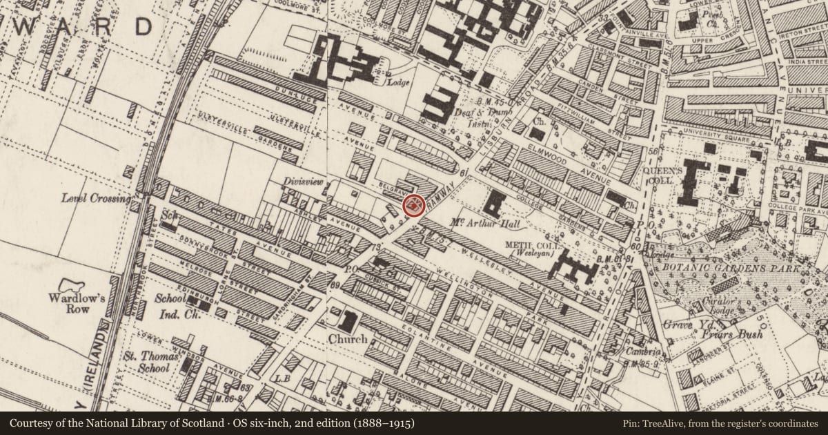 Ordnance Survey six-inch map, 2nd edition (1888–1915) covering the location of 129-131 Lisburn Road, Belfast, with a pin at the register's coordinates