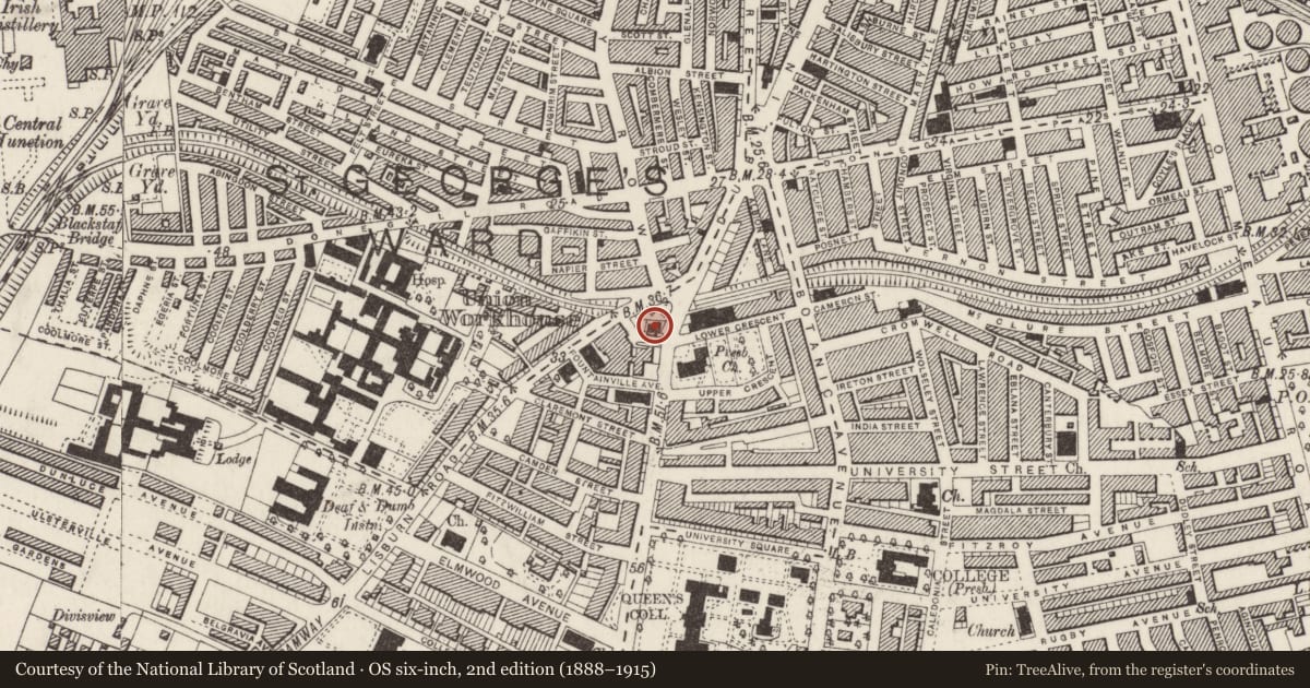 Ordnance Survey six-inch map, 2nd edition (1888–1915) covering the location of Moravian Church, Belfast, with a pin at the register's coordinates