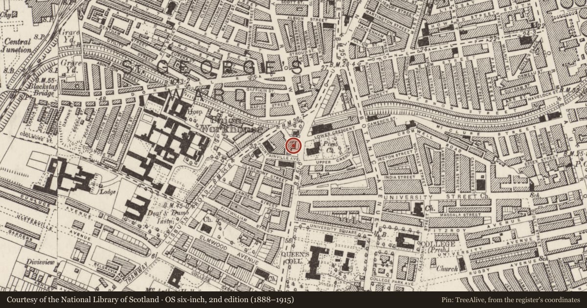 Ordnance Survey six-inch map, 2nd edition (1888–1915) covering the location of 11 University Road, Belfast, with a pin at the register's coordinates