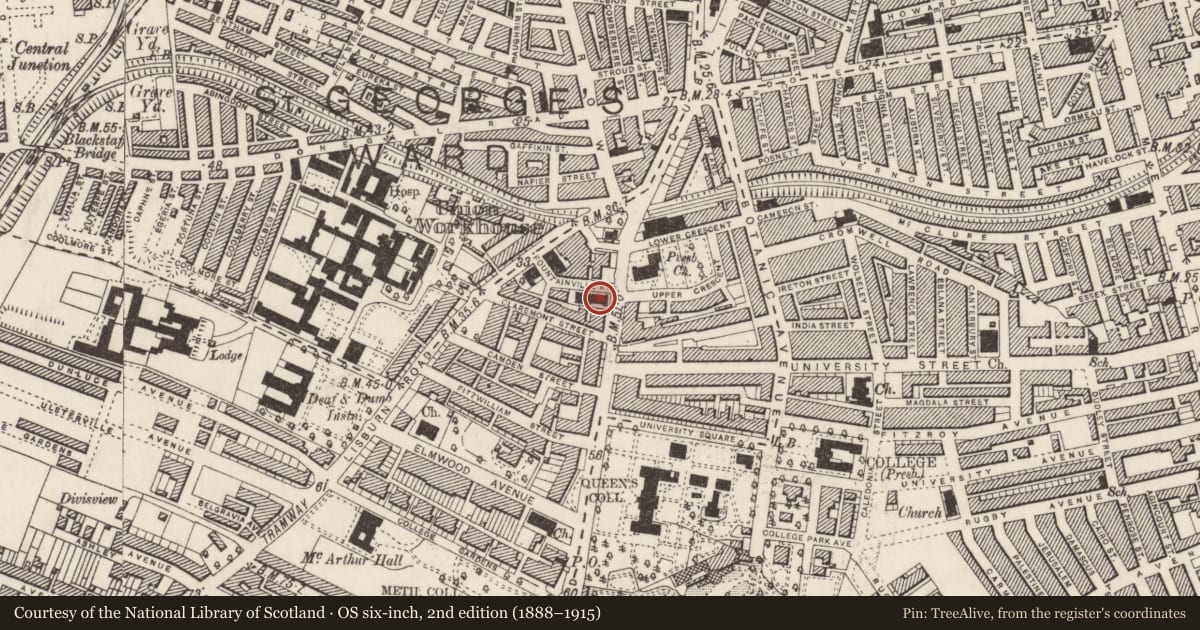 Ordnance Survey six-inch map, 2nd edition (1888–1915) covering the location of Methodist Church (DECONSECRATED), Belfast, with a pin at the register's coordinates