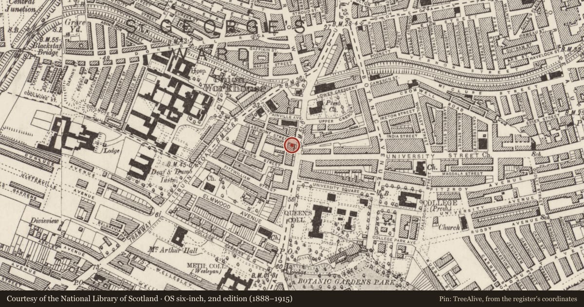 Ordnance Survey six-inch map, 2nd edition (1888–1915) covering the location of 33 University Road, Belfast, with a pin at the register's coordinates