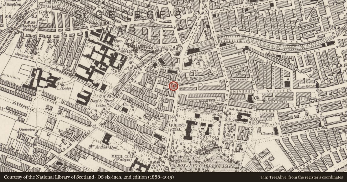 Ordnance Survey six-inch map, 2nd edition (1888–1915) covering the location of 35 University Road, Belfast, with a pin at the register's coordinates