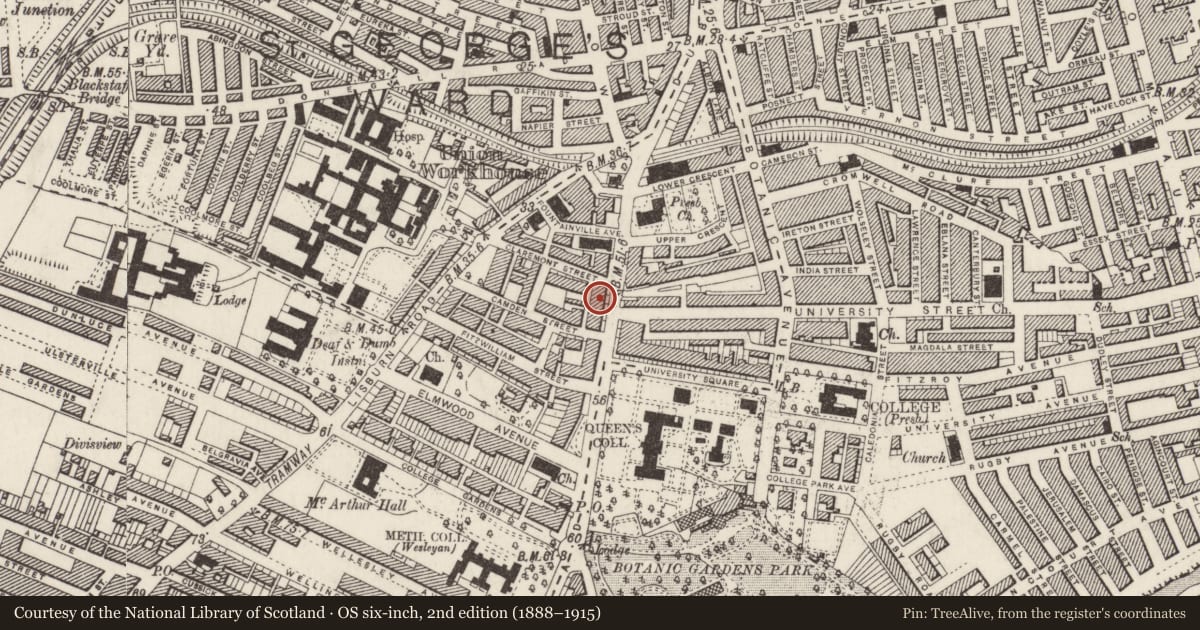 Ordnance Survey six-inch map, 2nd edition (1888–1915) covering the location of 37 University Road, Belfast, with a pin at the register's coordinates