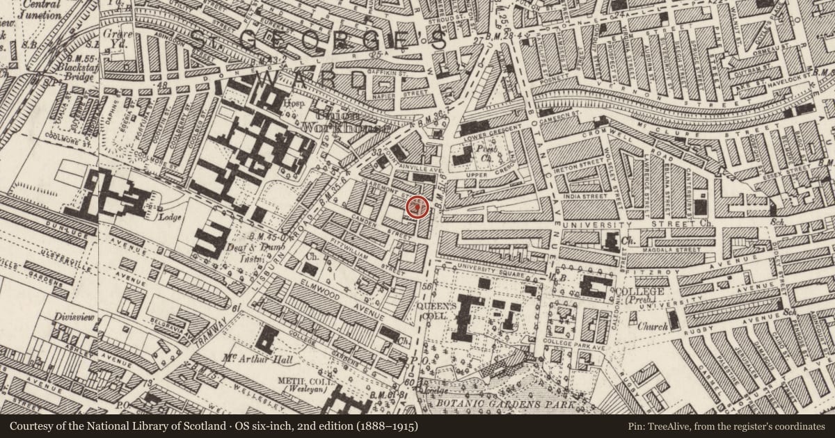 Ordnance Survey six-inch map, 2nd edition (1888–1915) covering the location of 2 Claremont St., Belfast, with a pin at the register's coordinates