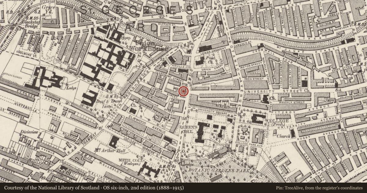 Ordnance Survey six-inch map, 2nd edition (1888–1915) covering the location of 43 University Road, Belfast, with a pin at the register's coordinates