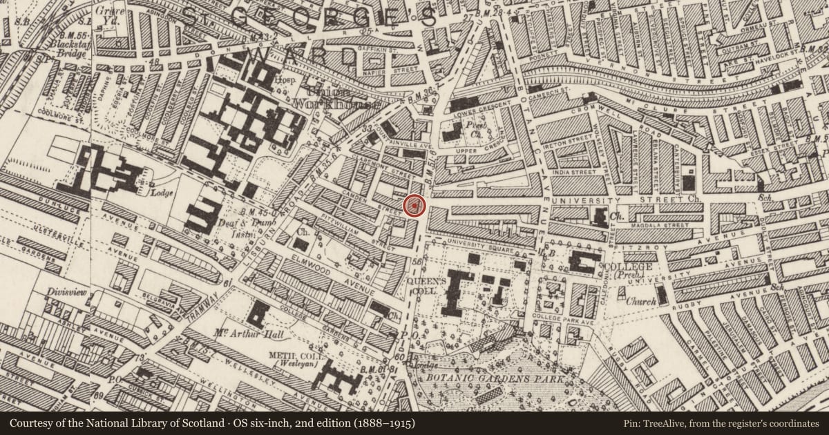 Ordnance Survey six-inch map, 2nd edition (1888–1915) covering the location of 47 University Road, Belfast, with a pin at the register's coordinates