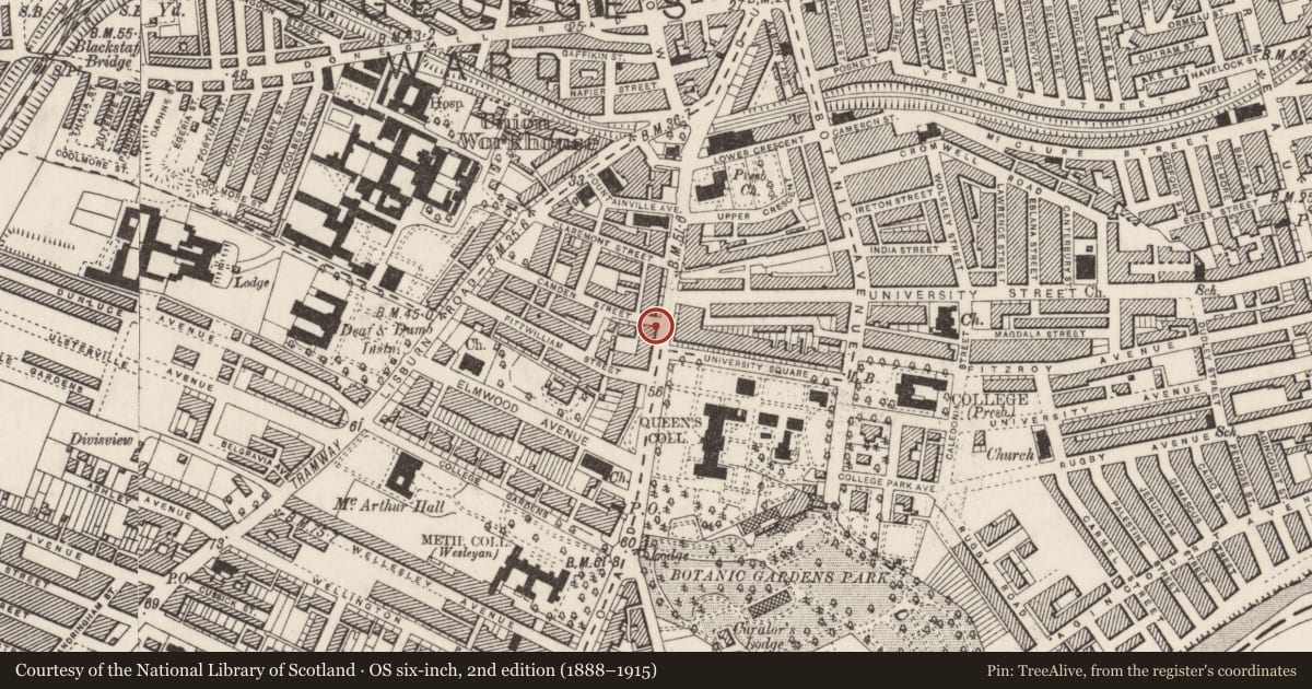 Ordnance Survey six-inch map, 2nd edition (1888–1915) covering the location of 53 University Road, Lower Malone, Belfast, with a pin at the register's coordinates