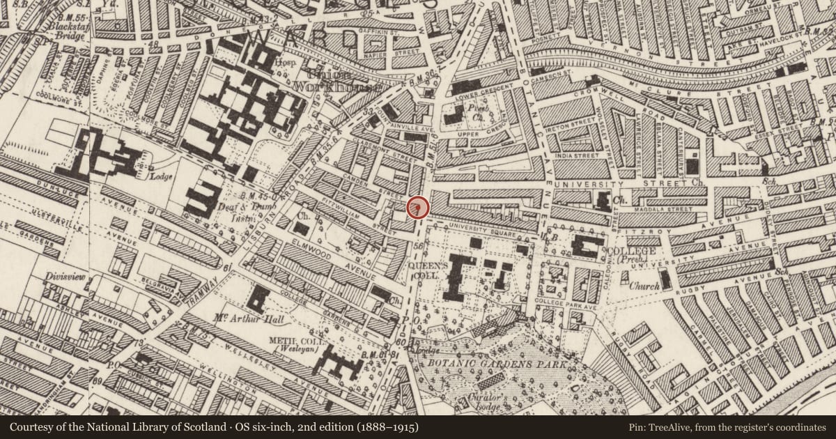 Ordnance Survey six-inch map, 2nd edition (1888–1915) covering the location of 55 University Road, Lower Malone, Belfast, with a pin at the register's coordinates