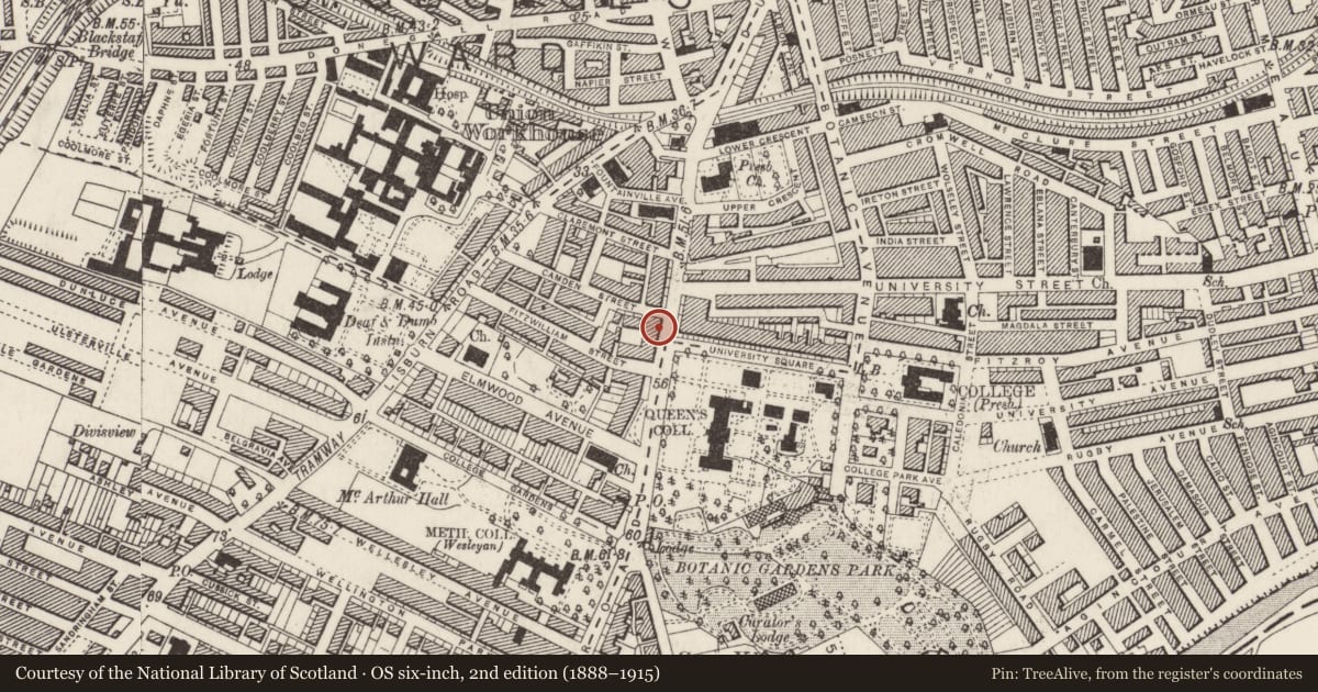 Ordnance Survey six-inch map, 2nd edition (1888–1915) covering the location of 57 University Road, Lower Malone, Belfast, with a pin at the register's coordinates
