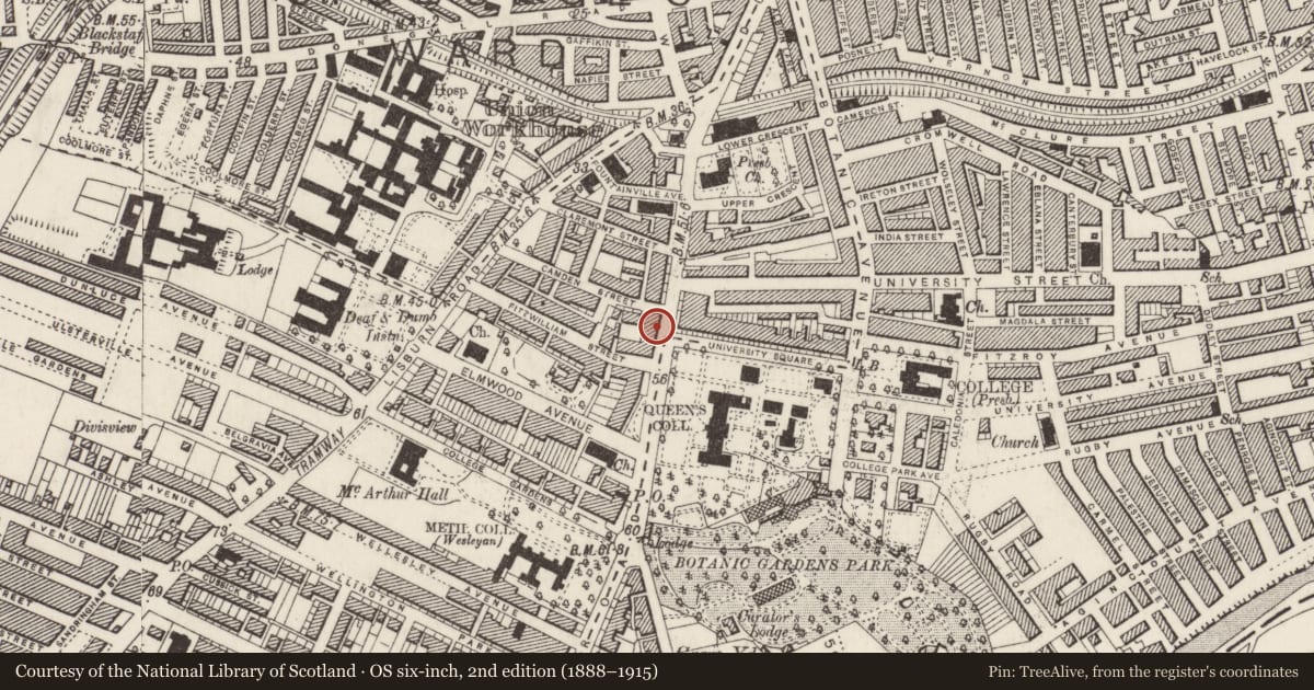 Ordnance Survey six-inch map, 2nd edition (1888–1915) covering the location of 59 University Road, Lower Malone, Belfast, with a pin at the register's coordinates