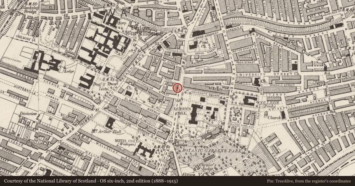 Ordnance Survey six-inch map, 2nd edition (1888–1915) covering the location of 61 University Road, Lower Malone, Belfast, with a pin at the register's coordinates