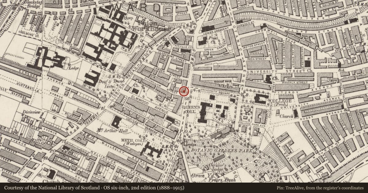 Ordnance Survey six-inch map, 2nd edition (1888–1915) covering the location of 1 Fitzwilliam St., Belfast, with a pin at the register's coordinates