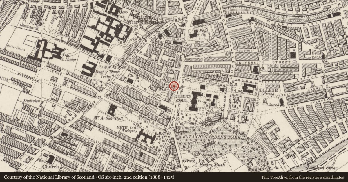 Ordnance Survey six-inch map, 2nd edition (1888–1915) covering the location of 71 University Road (Fitzwilliam Place), Lower Malone, Belfast, with a pin at the register's coordinates