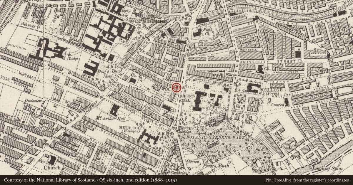 Ordnance Survey six-inch map, 2nd edition (1888–1915) covering the location of 73 University Road (Fitzwilliam Place), Lower Malone, Belfast, with a pin at the register's coordinates