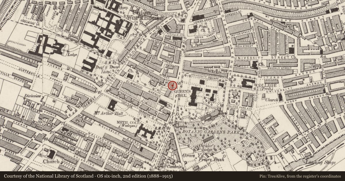 Ordnance Survey six-inch map, 2nd edition (1888–1915) covering the location of 75 University Road (Fitzwilliam Place), Lower Malone, Belfast, with a pin at the register's coordinates