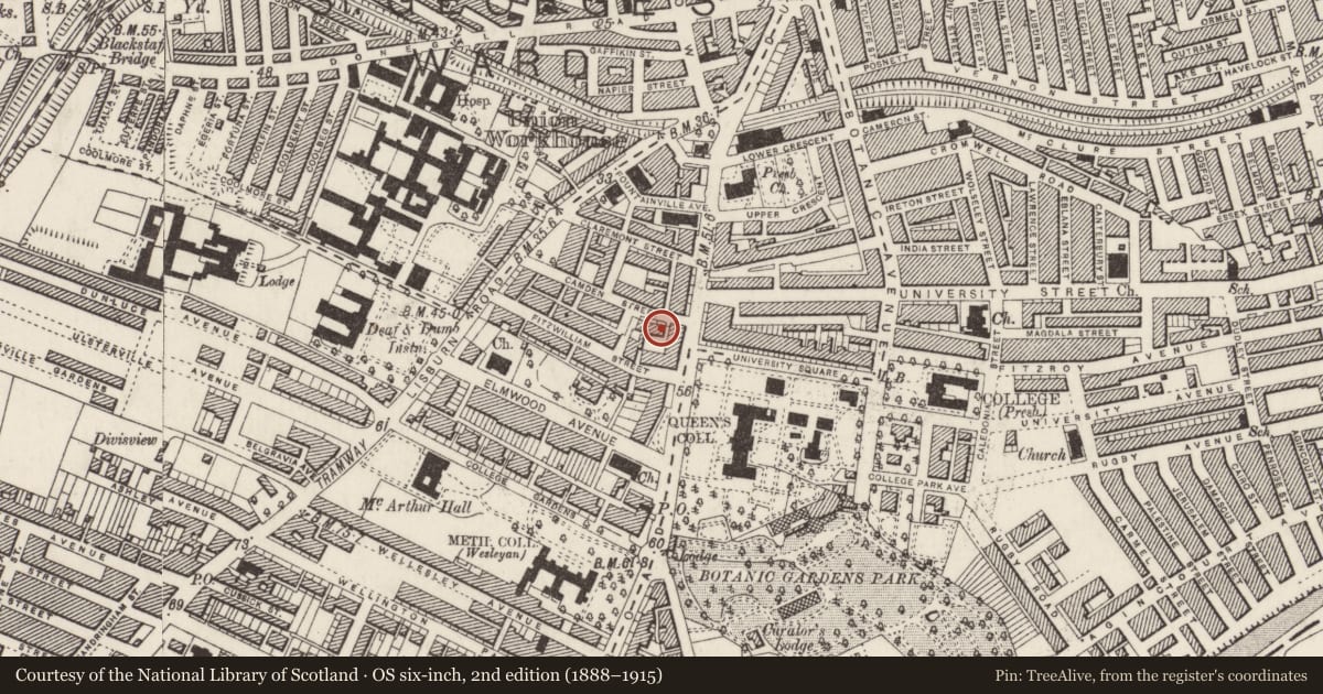Ordnance Survey six-inch map, 2nd edition (1888–1915) covering the location of 57 Camden St., Belfast, with a pin at the register's coordinates
