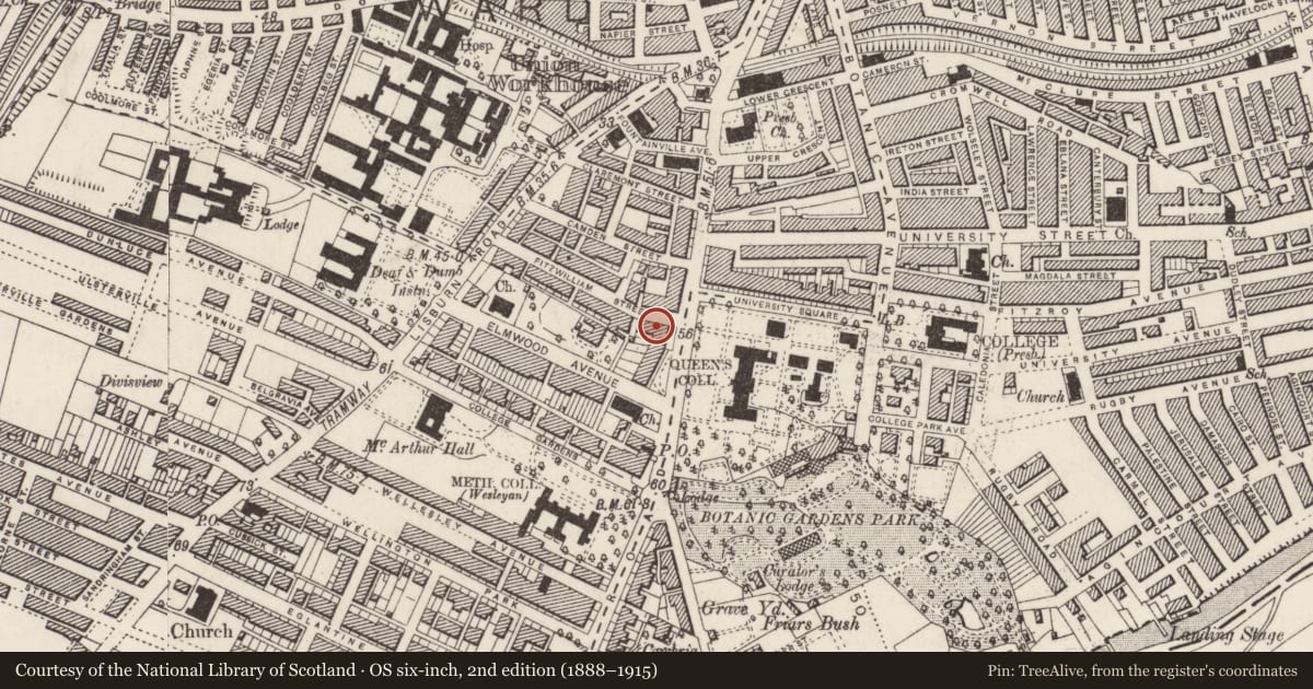 Ordnance Survey six-inch map, 2nd edition (1888–1915) covering the location of 2 Fitzwilliam Street, Lower Malone, Belfast, with a pin at the register's coordinates