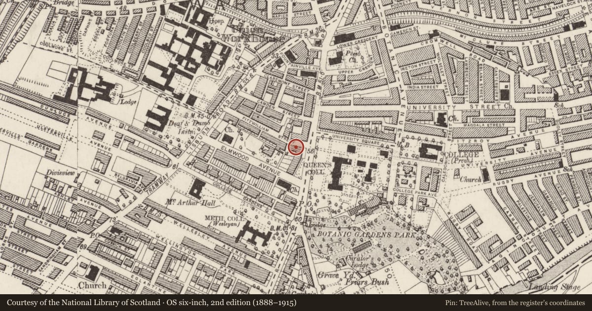 Ordnance Survey six-inch map, 2nd edition (1888–1915) covering the location of 4 Fitzwilliam Street, Lower Malone, Belfast, with a pin at the register's coordinates