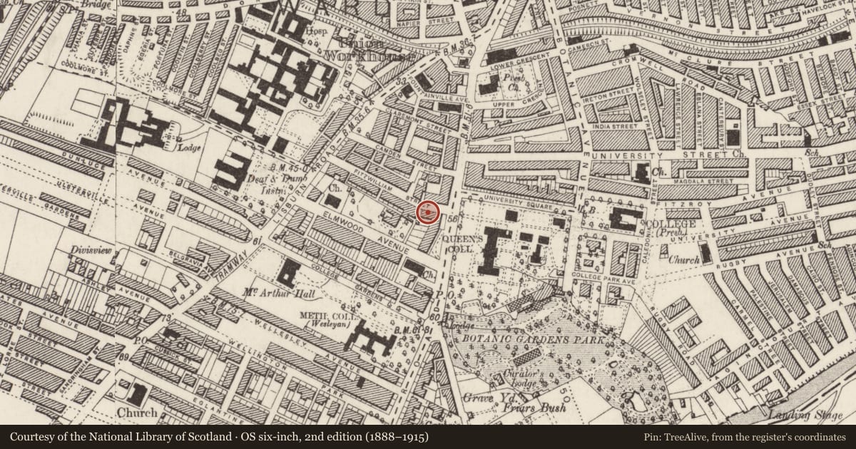 Ordnance Survey six-inch map, 2nd edition (1888–1915) covering the location of 6 Fitzwilliam Street, Lower Malone, Belfast, with a pin at the register's coordinates