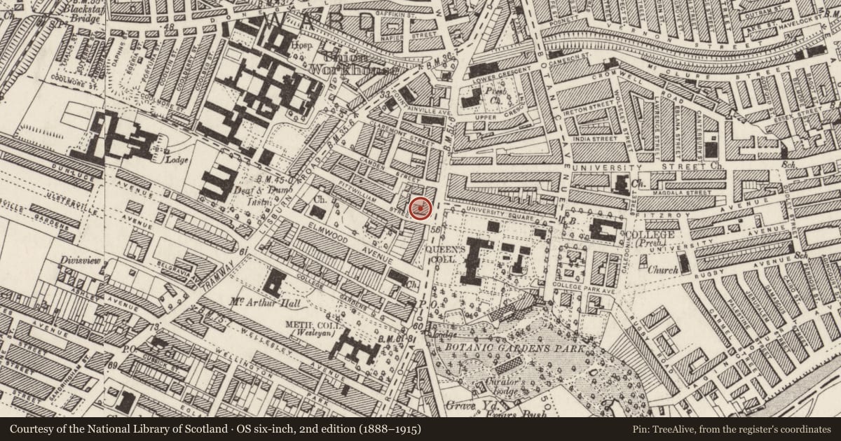 Ordnance Survey six-inch map, 2nd edition (1888–1915) covering the location of 5 Fitzwilliam St., Belfast, with a pin at the register's coordinates