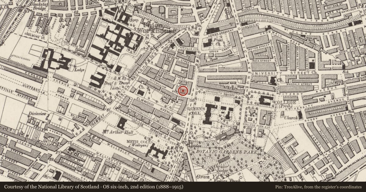 Ordnance Survey six-inch map, 2nd edition (1888–1915) covering the location of 9 Fitzwilliam St., Belfast, with a pin at the register's coordinates