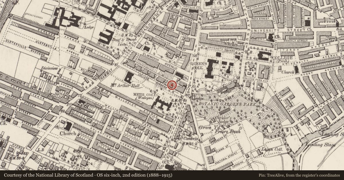Ordnance Survey six-inch map, 2nd edition (1888–1915) covering the location of 7 College Gardens, Malone Lower, Belfast, with a pin at the register's coordinates