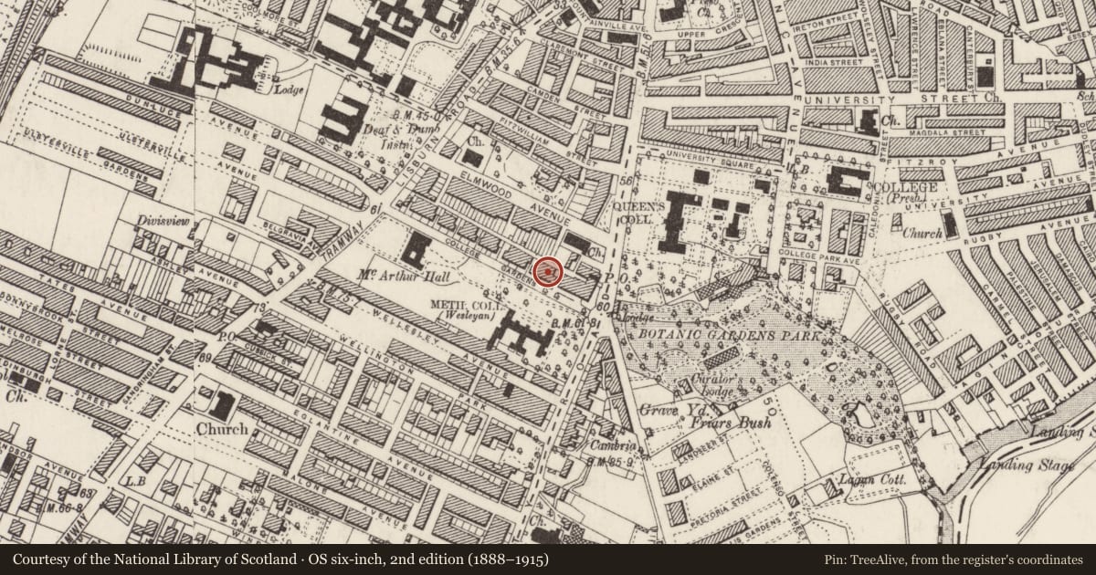 Ordnance Survey six-inch map, 2nd edition (1888–1915) covering the location of 8 College Gardens, Malone Lower, Belfast, with a pin at the register's coordinates